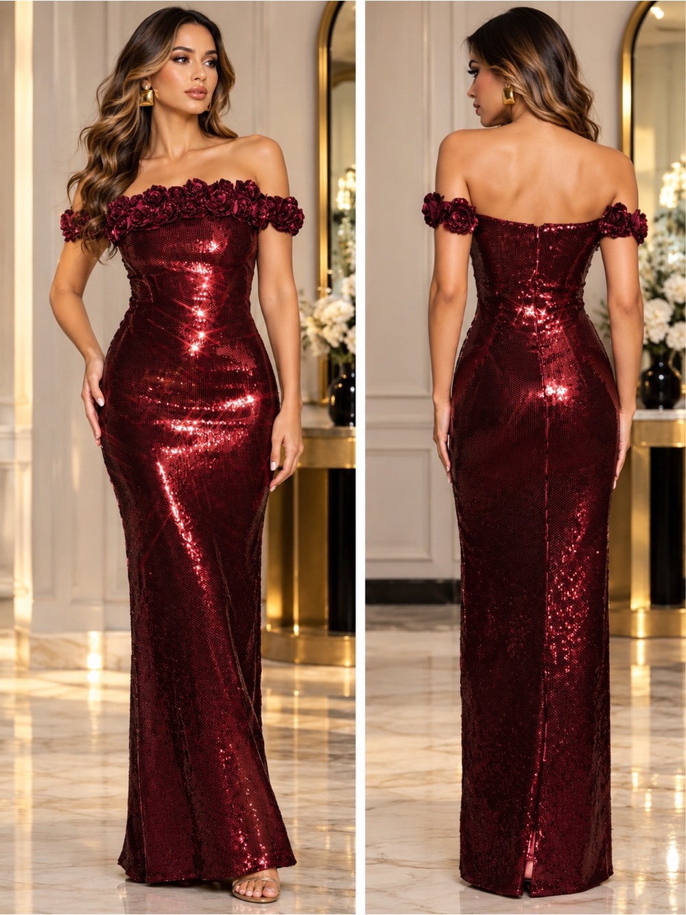 NEW MESHKI Carrie Sequin Rose Maxi Dress – Burgundy, Size Large